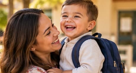 A mother hugging her smiling son as he heads to school